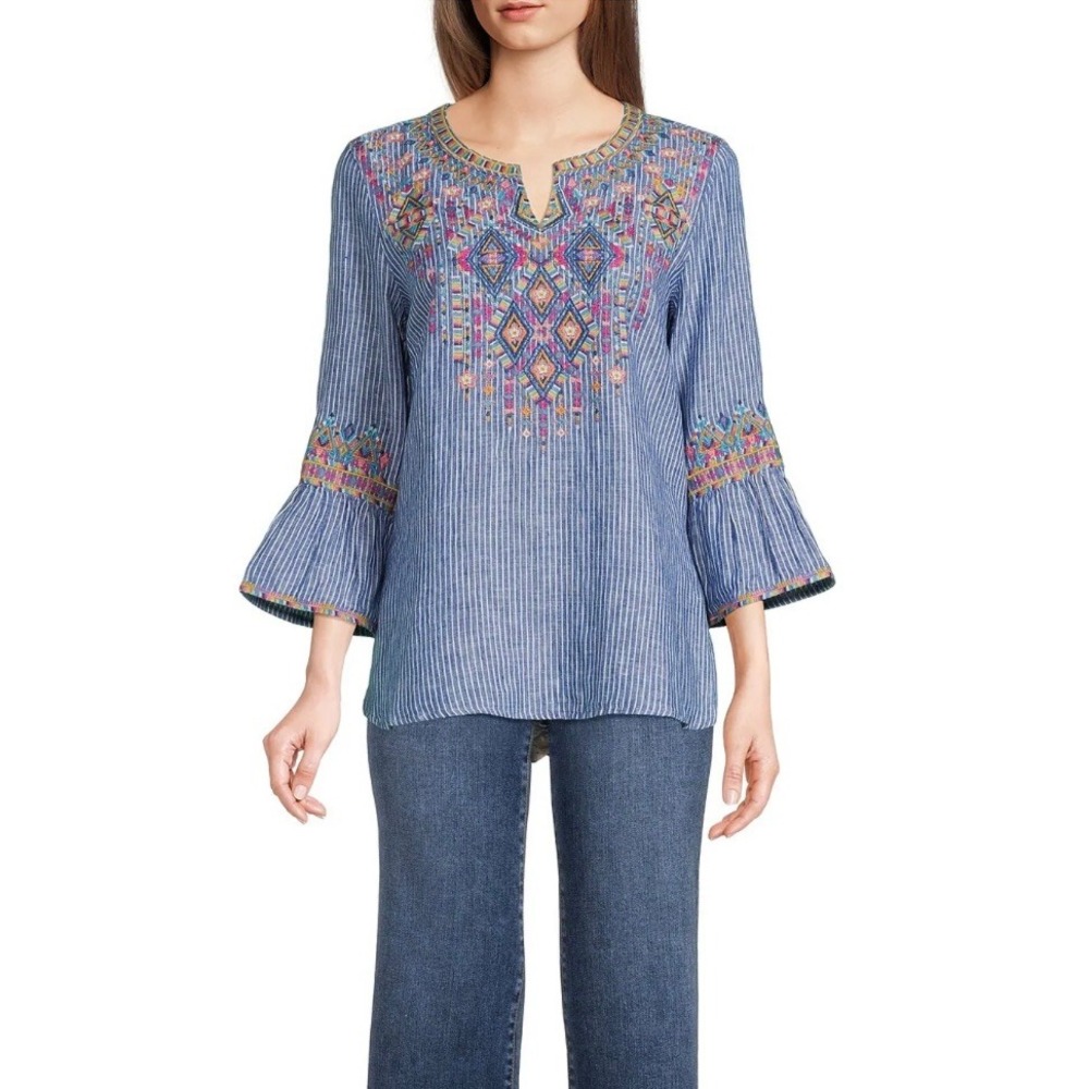 John Mark Blue Striped Linen Embroidery 3/4 Sleeve Ruffle Tunic Blouse Top Small